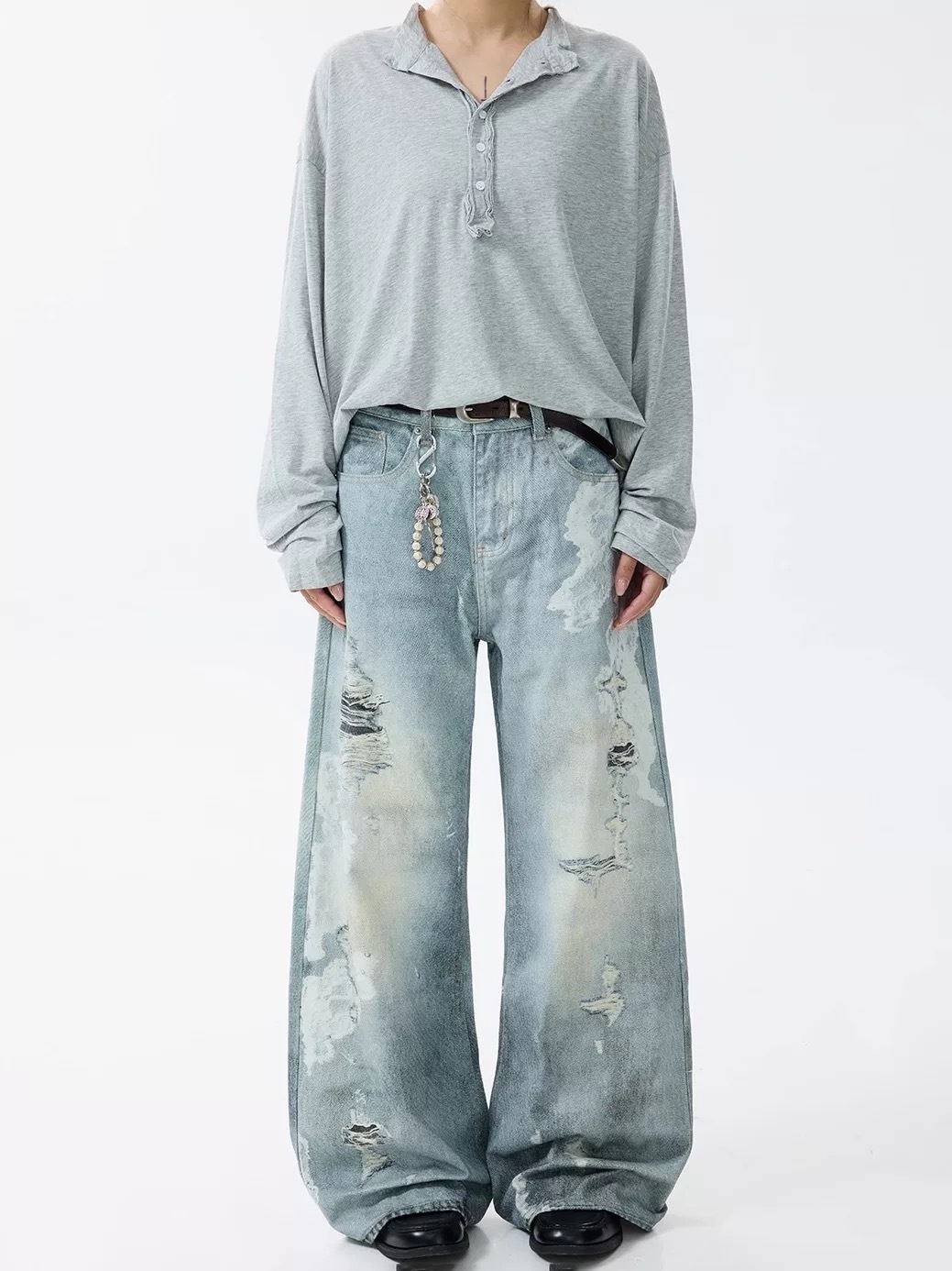 - SIMPLEACTION - 美式噴墨塗鴉水洗破洞牛仔褲