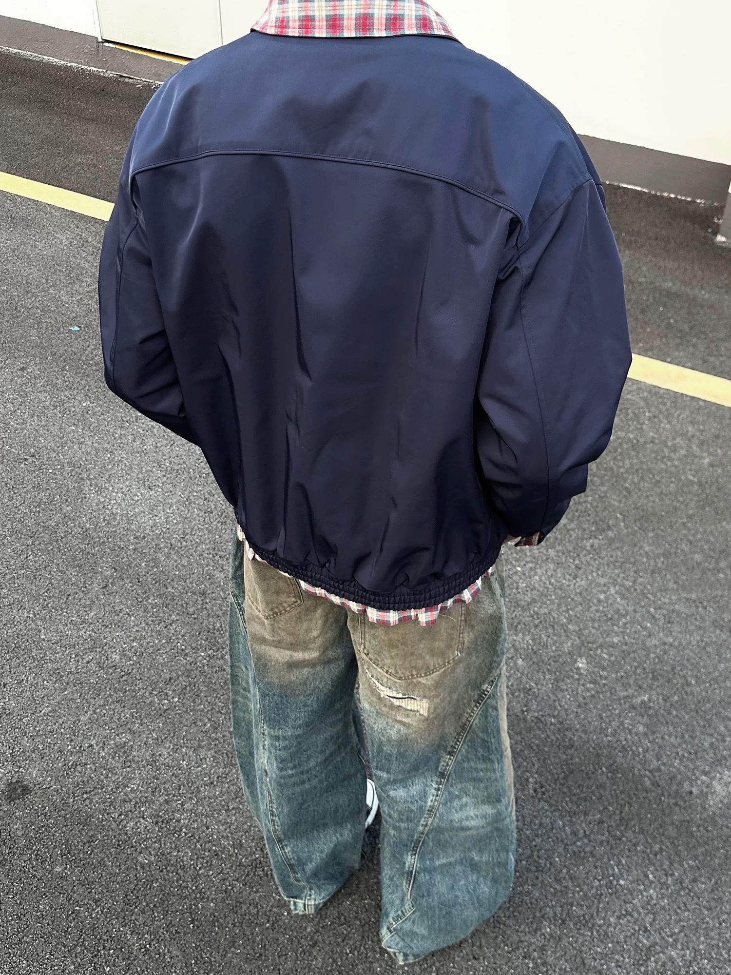 - SIMPLEACTION - 海軍藍美式復古格子拼接外套