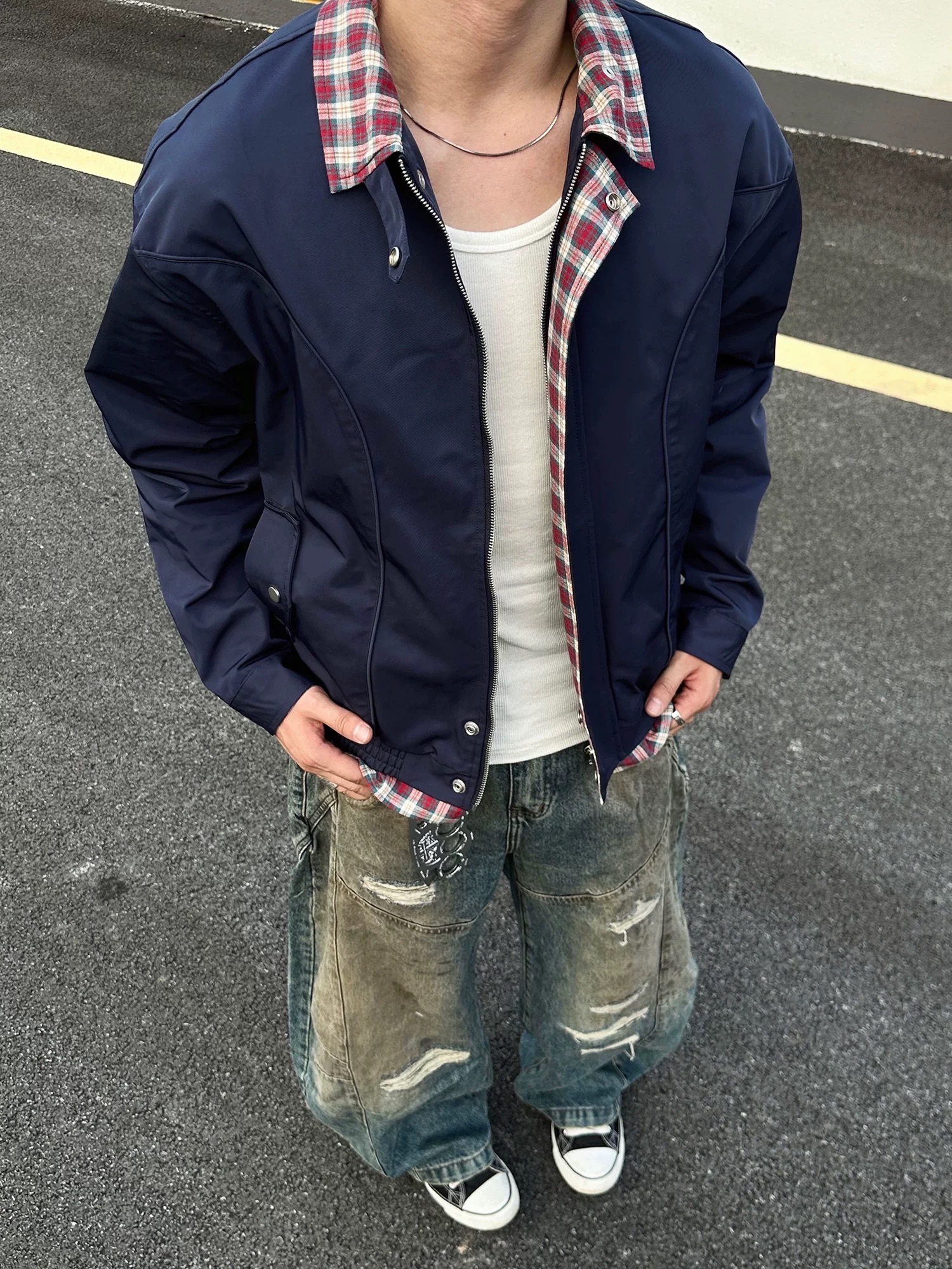 - SIMPLEACTION - 海軍藍美式復古格子拼接外套