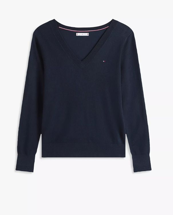 [S] TOMMY HILFIGER NAVY SOLID VISCOSE-BLEND LADIES V-NECK KNIT SWEATER, 76J5114-410 (STH1370)