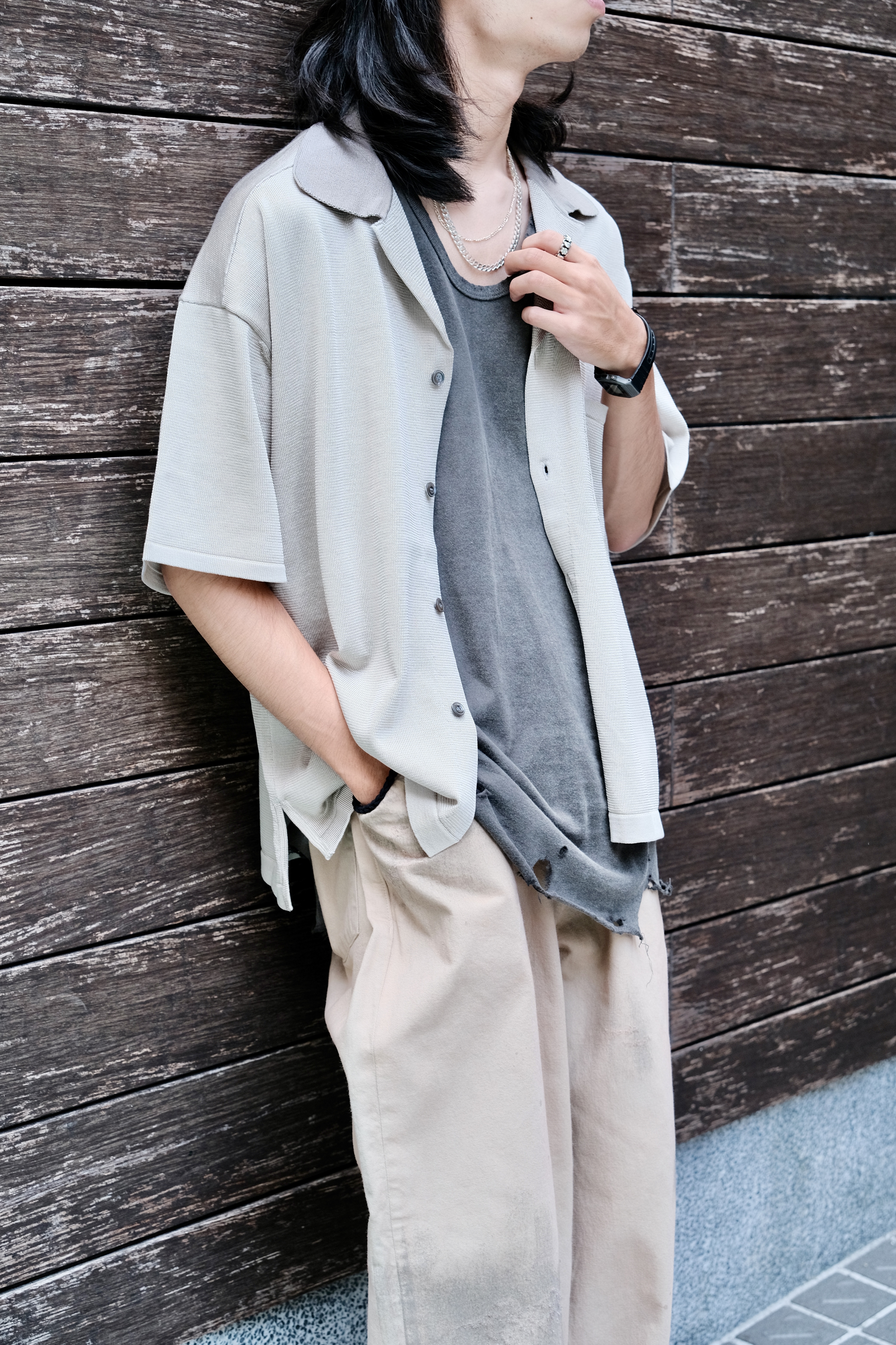 ANCELLM - OPEN COLLAR KNIT S/S SHIRT / GRAY