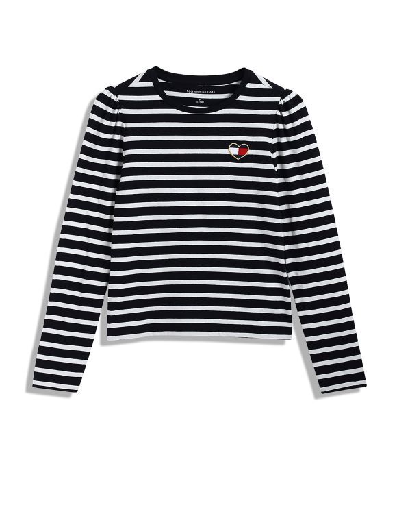 [S] TOMMY HILFIGER NAVY KIDS STRIPE PUFF SHOULDER T-SHIRT, 71J4597-410 (STH1066)