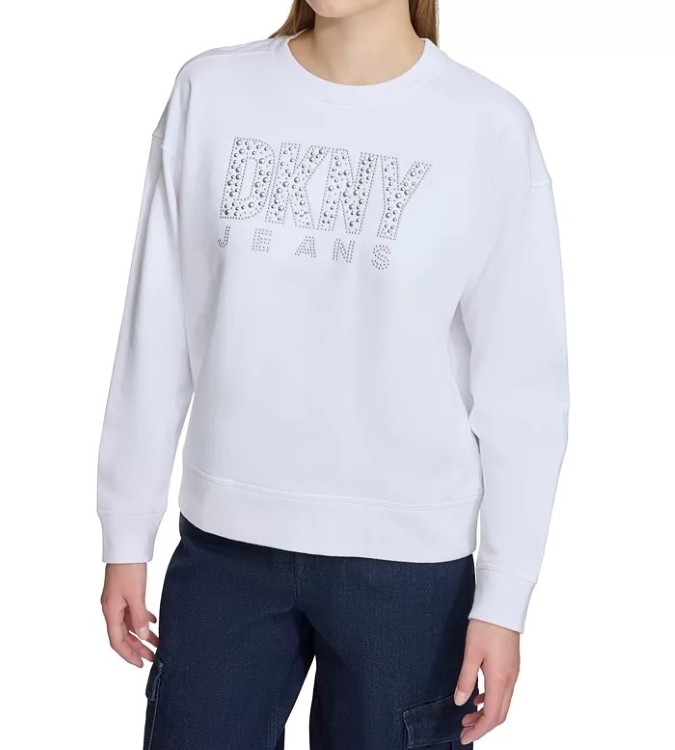 [S] DKNY LOGO BLING BLING ROUND NECK SWEATSHIRT JEANS,WHITE/SHINY SILVER, DJ4T1031-G12 (SD994)