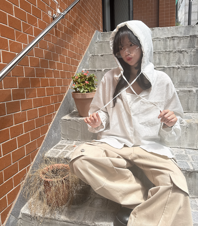 早秋預訂｜Overfit 連帽條紋長袖襯衫