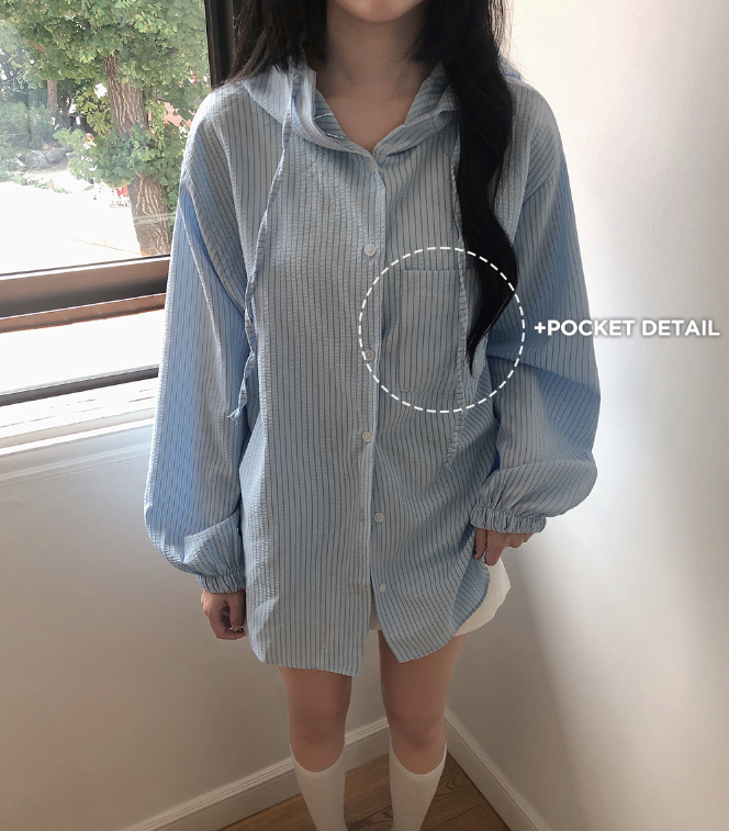 早秋預訂｜Overfit 連帽條紋長袖襯衫