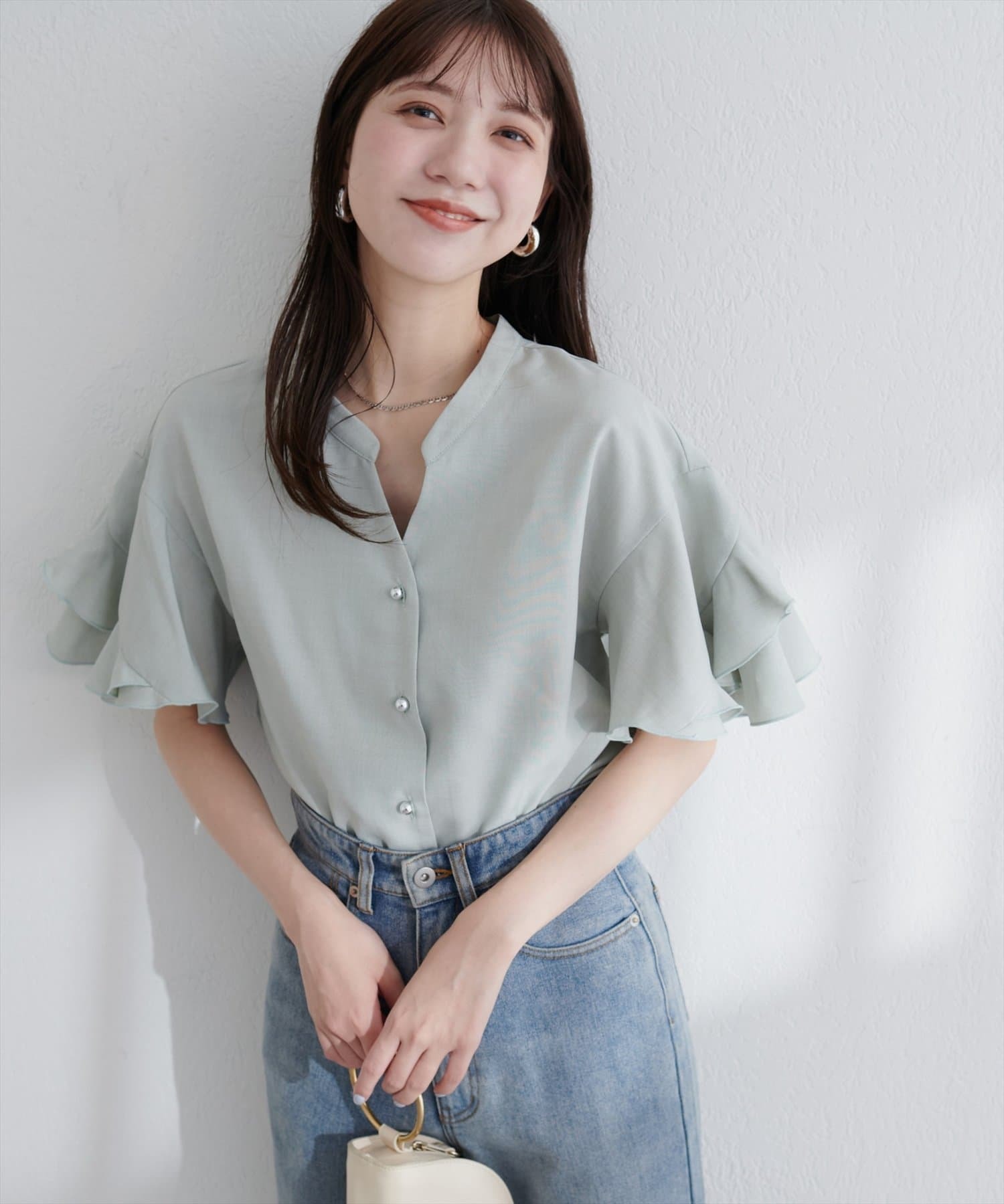 natural couture(ナチュラルクチュール)  【sherbet line】WEB限定 / UV・接触冷感ラップ半袖ブラウス薄荷色（0352040090）