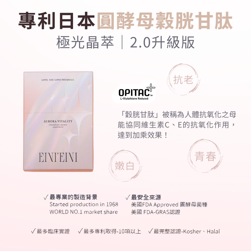 EINI’EINI 升級推出極光晶萃穀胱甘肽,選用日本 OPITAC® 圓酵母發酵穀胱甘肽,以最高規格守護吸收力;結合南法 GliSODin® 專利香瓜萃取,讓青春能量真正進入體內。