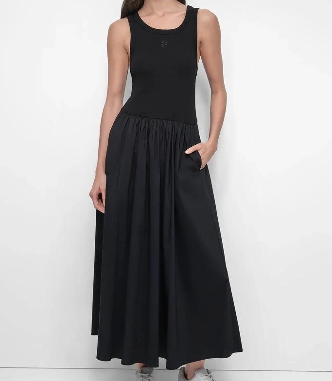 [S] DKNY BLACK RIB TANK DRESS WITH POPLIN SKIRT, DJ5D9086-BLK FINAL SALE (SD1450)