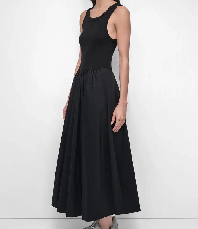 [S] DKNY BLACK RIB TANK DRESS WITH POPLIN SKIRT, DJ5D9086-BLK FINAL SALE (SD1450)