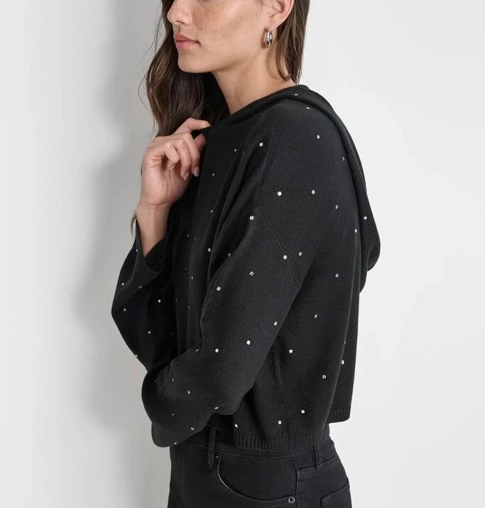 [S] DKNY BLACK RHINESTUD CROPPED HOODIE SWEATER, DJ4R0369-BLK [FINAL SALE] (SD1341)