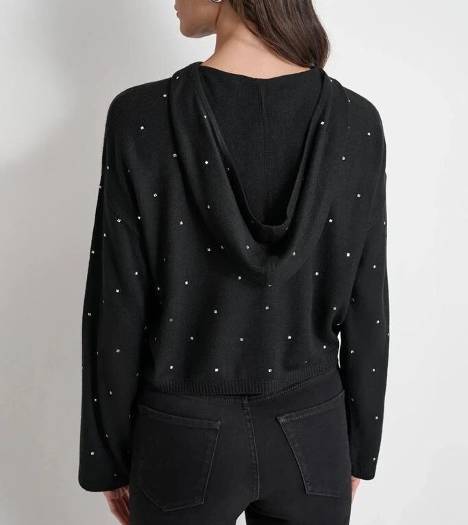 [S] DKNY BLACK RHINESTUD CROPPED HOODIE SWEATER, DJ4R0369-BLK [FINAL SALE] (SD1341)
