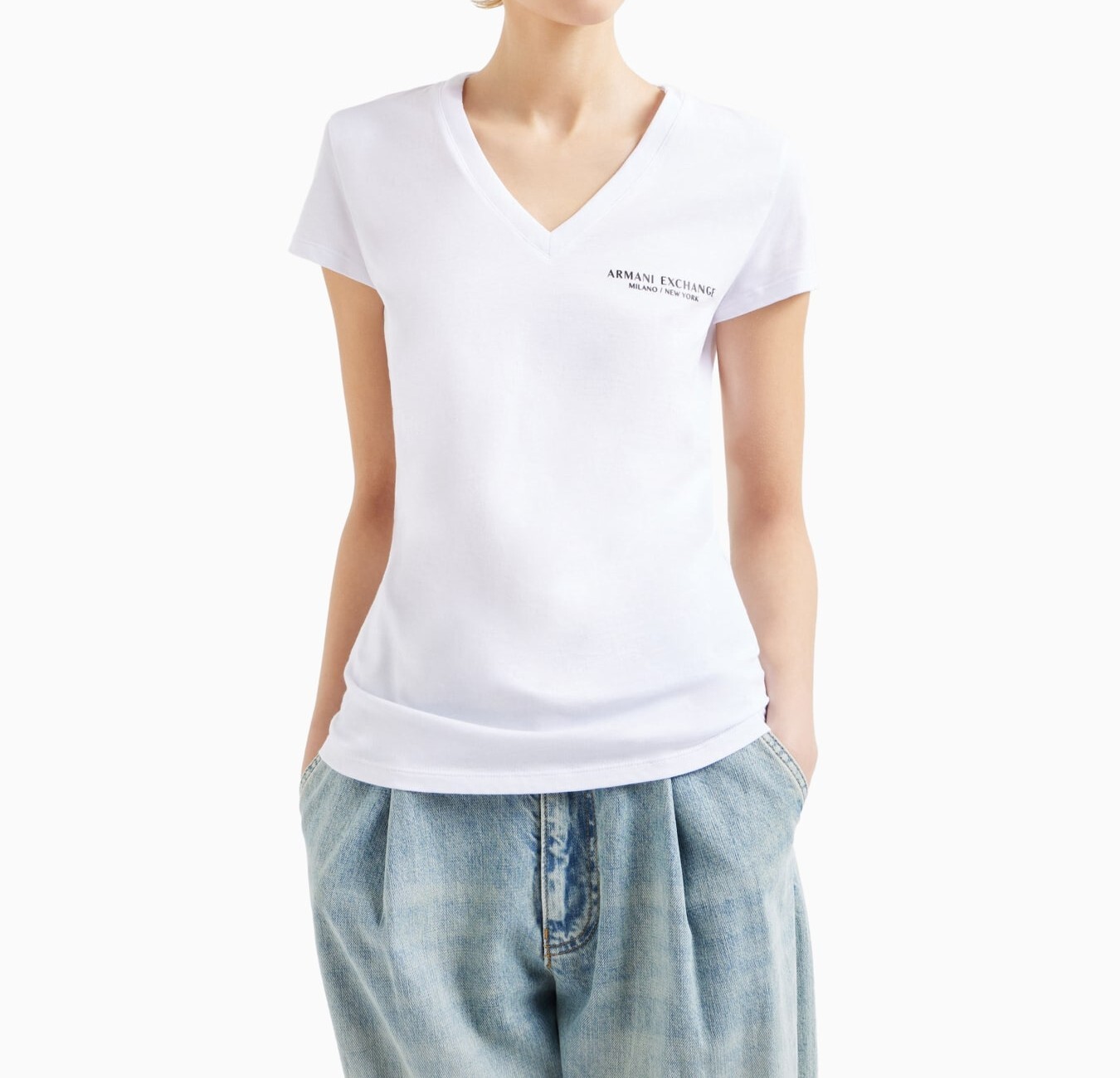 [S] ARMANI EXCHANGE WHITE SLIM FIT JERSEY T-SHIRT WITH V-NECK , 8NYT81-YJG3Z-1000 (SAX306)