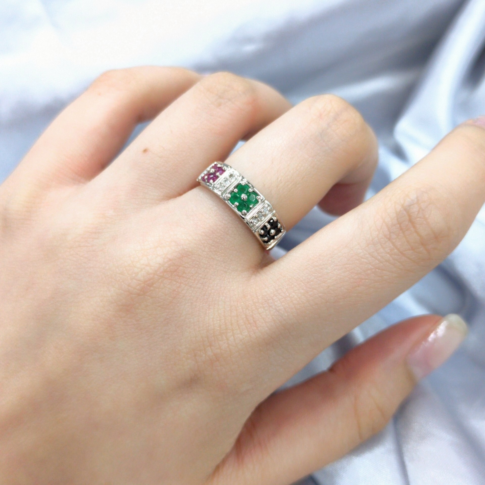 10K White Gold Ruby Sapphire Emerald and Diamond Ring