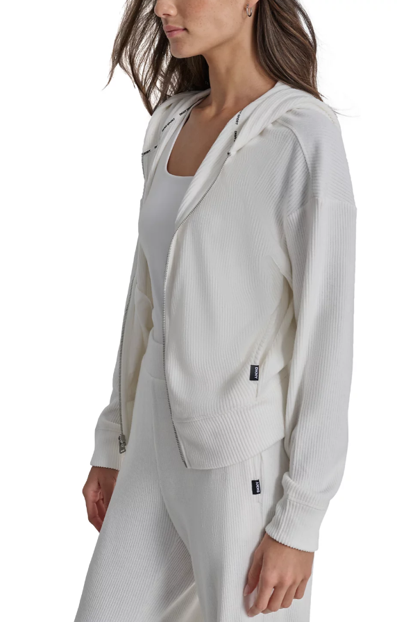 [S] DKNY BRUSHED RIB KNIT FULL ZIP HOODIE,IVORY, DP4J9541-IVY (SD1220)