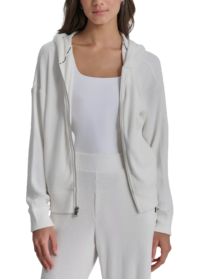 [S] DKNY BRUSHED RIB KNIT FULL ZIP HOODIE,IVORY, DP4J9541-IVY (SD1220)