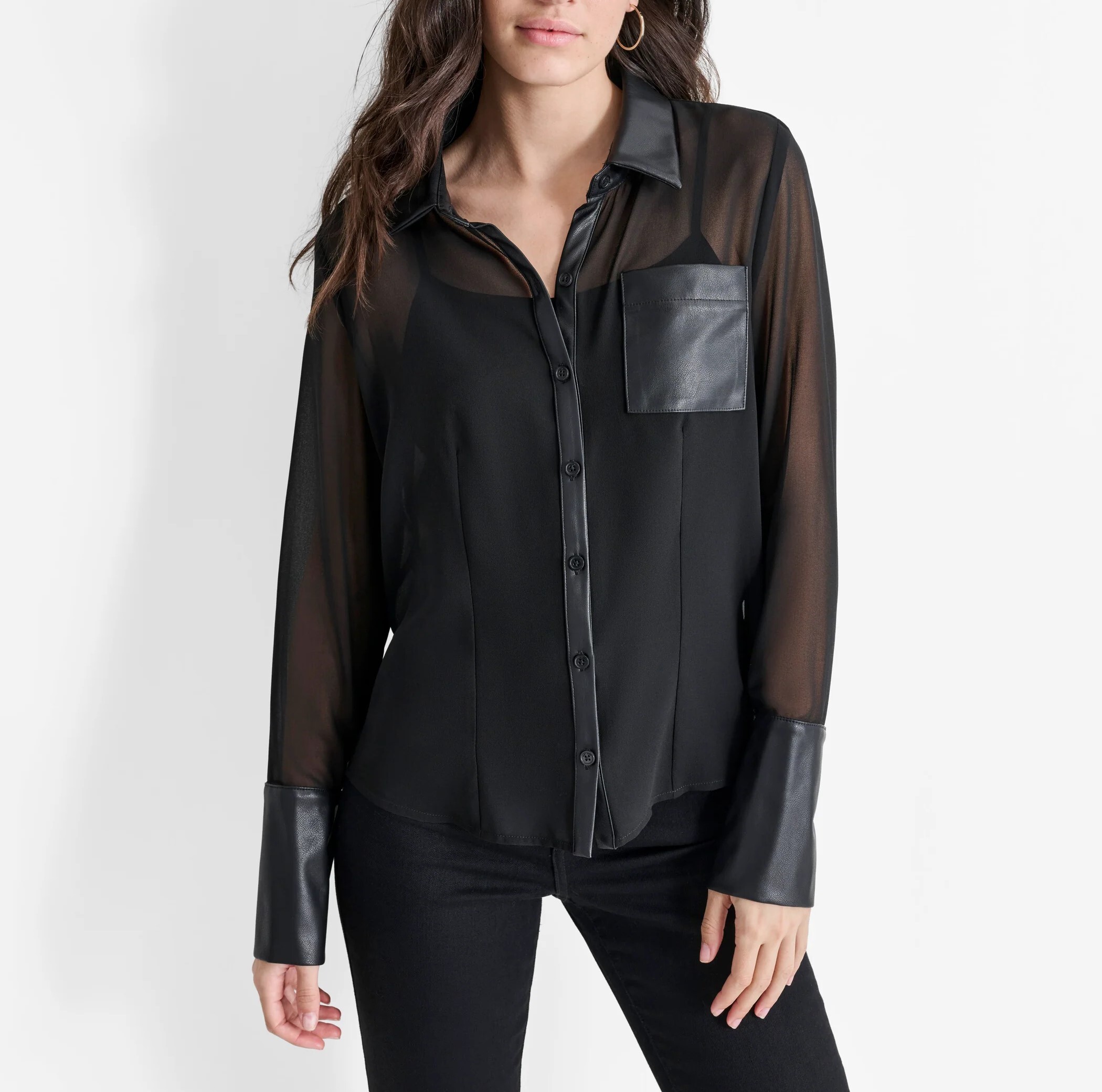 [S] DKNY BLACK BUTTON FRONT SHIRT WITH FAUX LEATHER COLLAR, DJ4W2093-BLK FINAL SALE (SD1287)