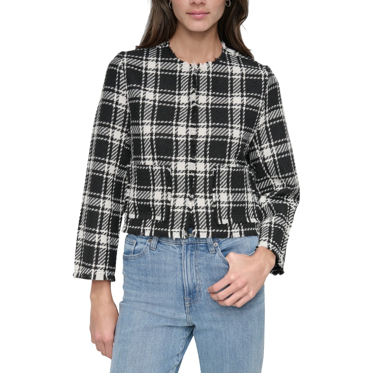 [S] DKNY BK/WT/WDPN PLD FRAYED CROPPED JACKET, DJ4J6078-I01 FINAL SALE (SD1288)