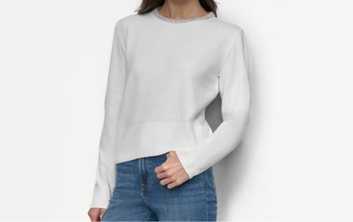 [S] DKNY CREW NECK WITH RHINESTONE TRIM AT NECK,IVORY, DJ4R0522-IVY [FINAL SALE] (SD1171)