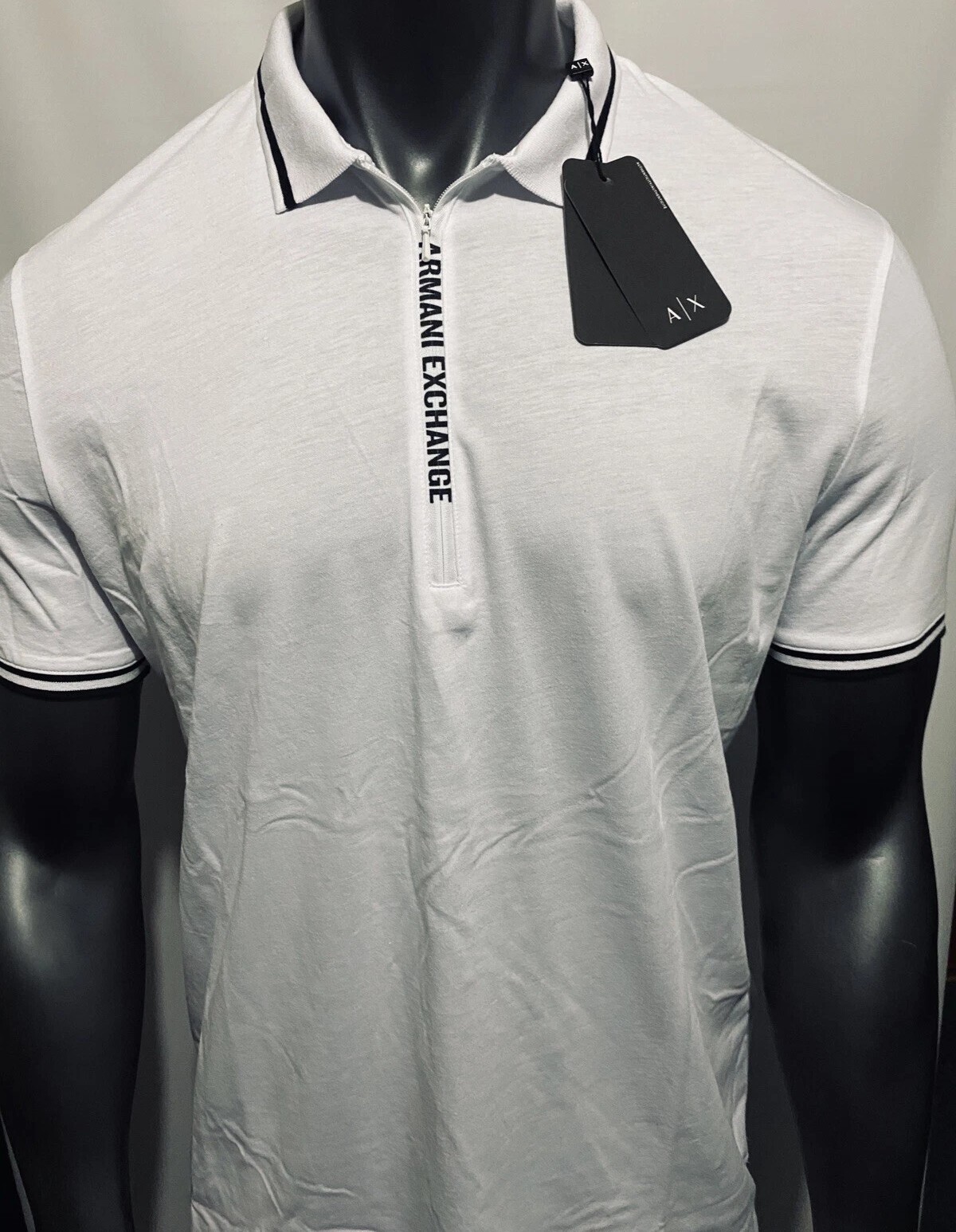 [S] ARMANI EXCHANGE MENS MUSCLE SLIM FIT LOGO PLACKET POLO T-SHIRT,WHITE, 7VZFBBZJH4Z-1100 [FINAL SALE] (SAX210)