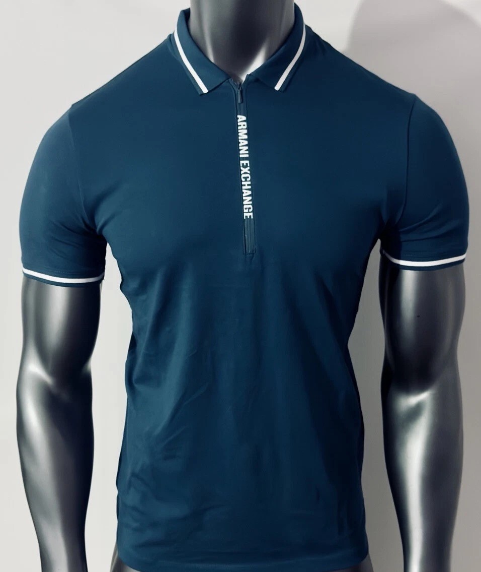 [S] ARMANI EXCHANGE MENS MUSCLE SLIM FIT LOGO PLACKET POLO T-SHIRT,INDIGO, 7VZFBBZJH4Z-15CR [FINAL SALE] (SAX198)
