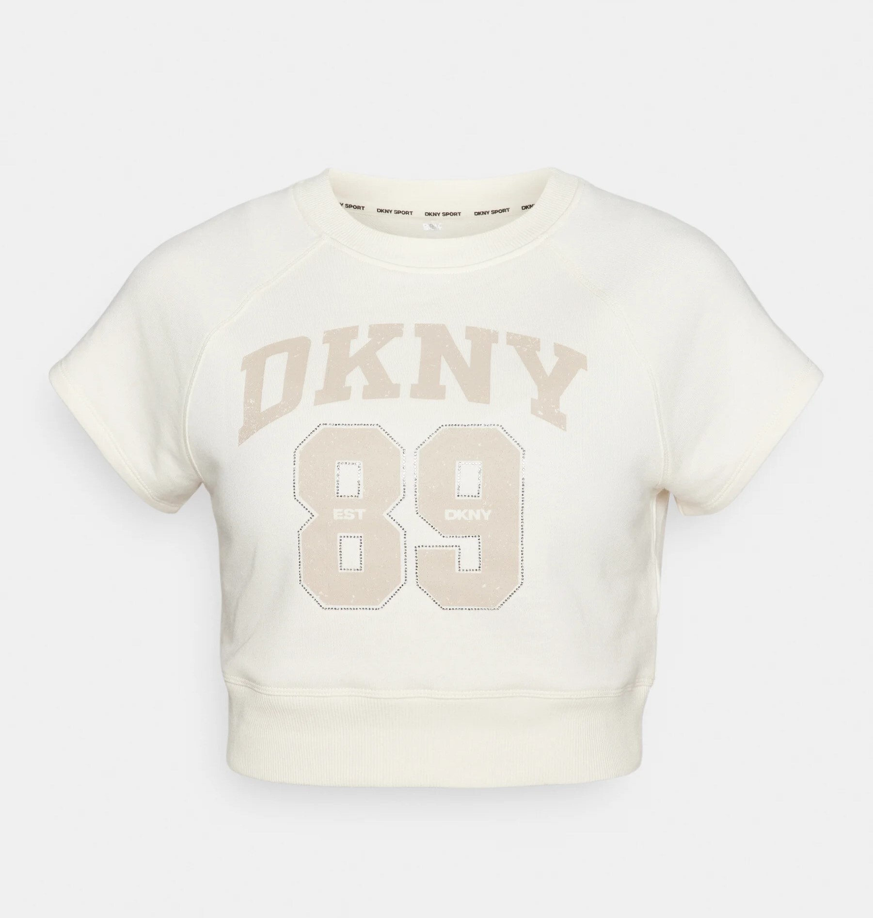[S] DKNY BEIGE DP5T1196 ARCHED DISTRESSED RHINESTONE LOGO CROPPED PULLOVER, 732465916441 (SD1386)