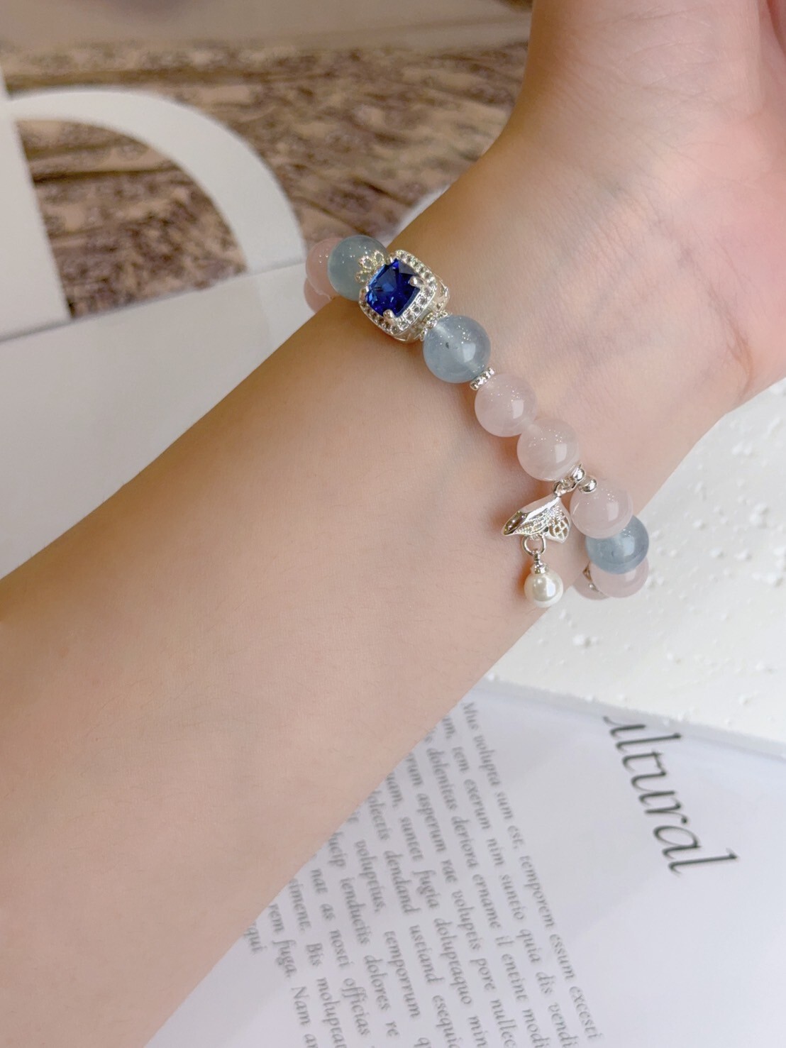 魚尾粉晶/海藍寶水晶手鍊