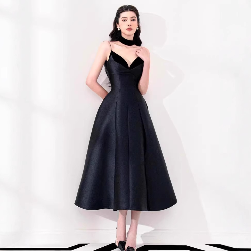 挺版緞面 V領小禮服(紅/黑)