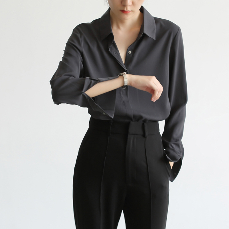 絲緞質感素色襯衫(黑/寶藍)