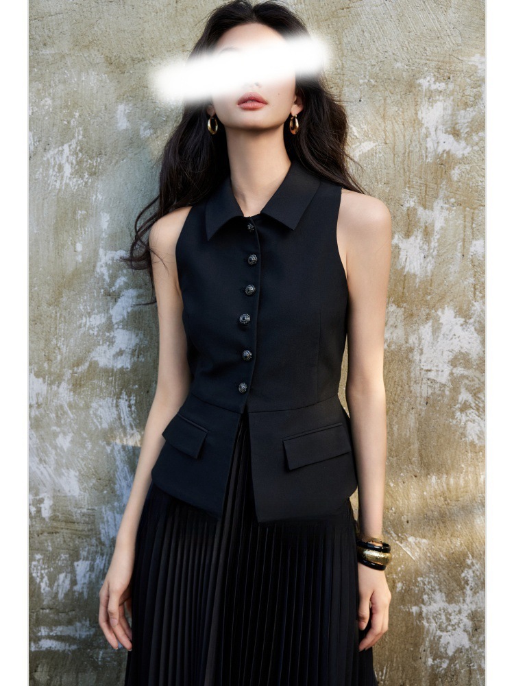 高密斜紋 立裁收腰翻領背心