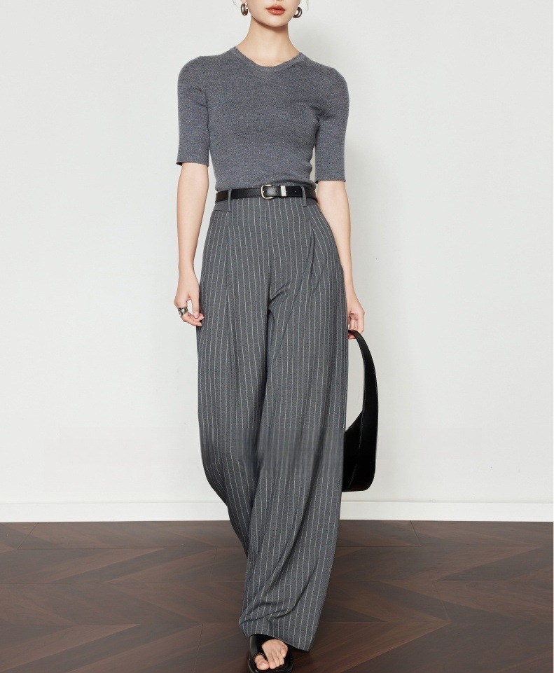 條紋垂墜感 高腰直筒褲