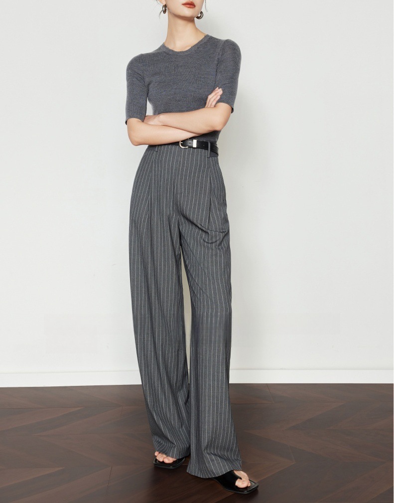條紋垂墜感 高腰直筒褲