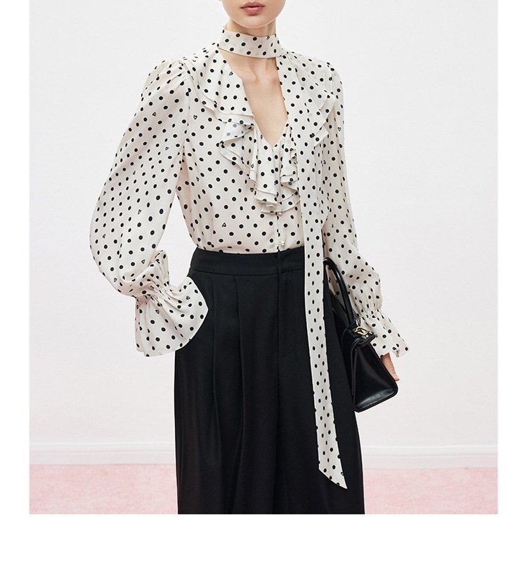 法式性感 波點飄帶緞面襯衫