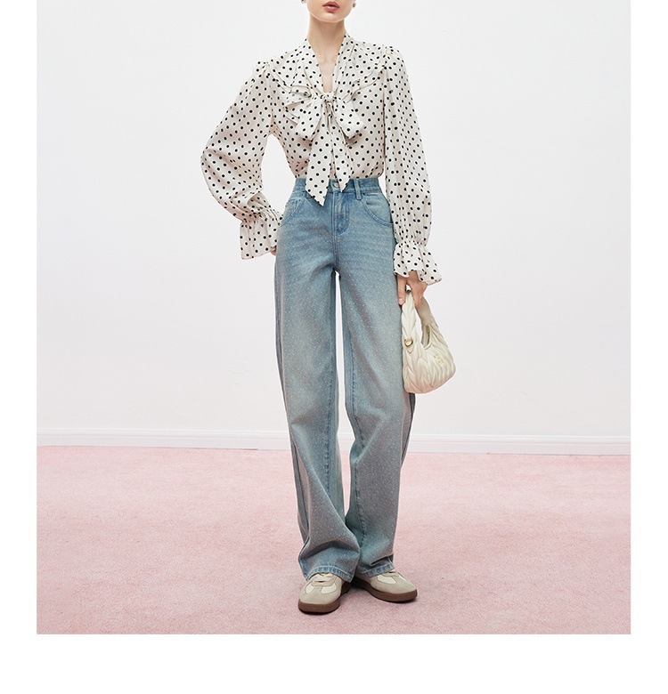 法式性感 波點飄帶緞面襯衫