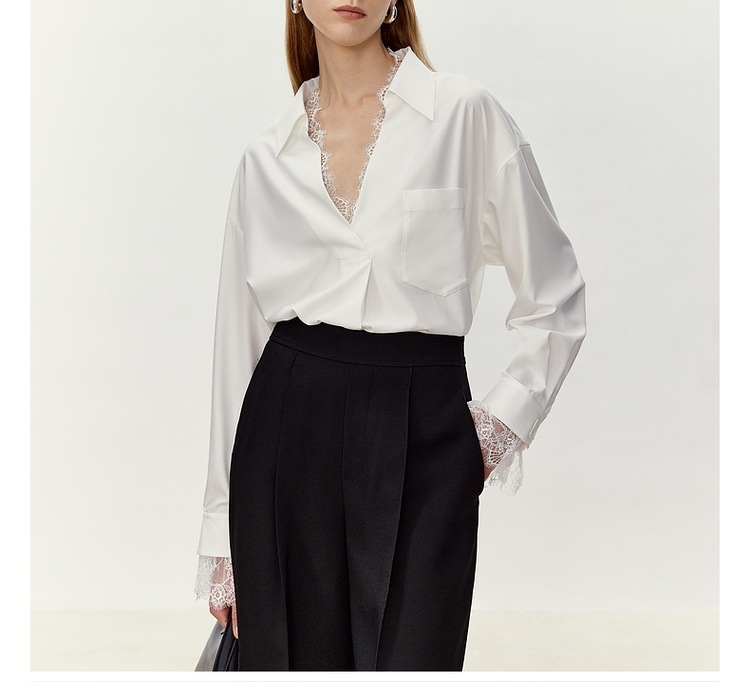 俐落性感 蕾絲拼接V領襯衫