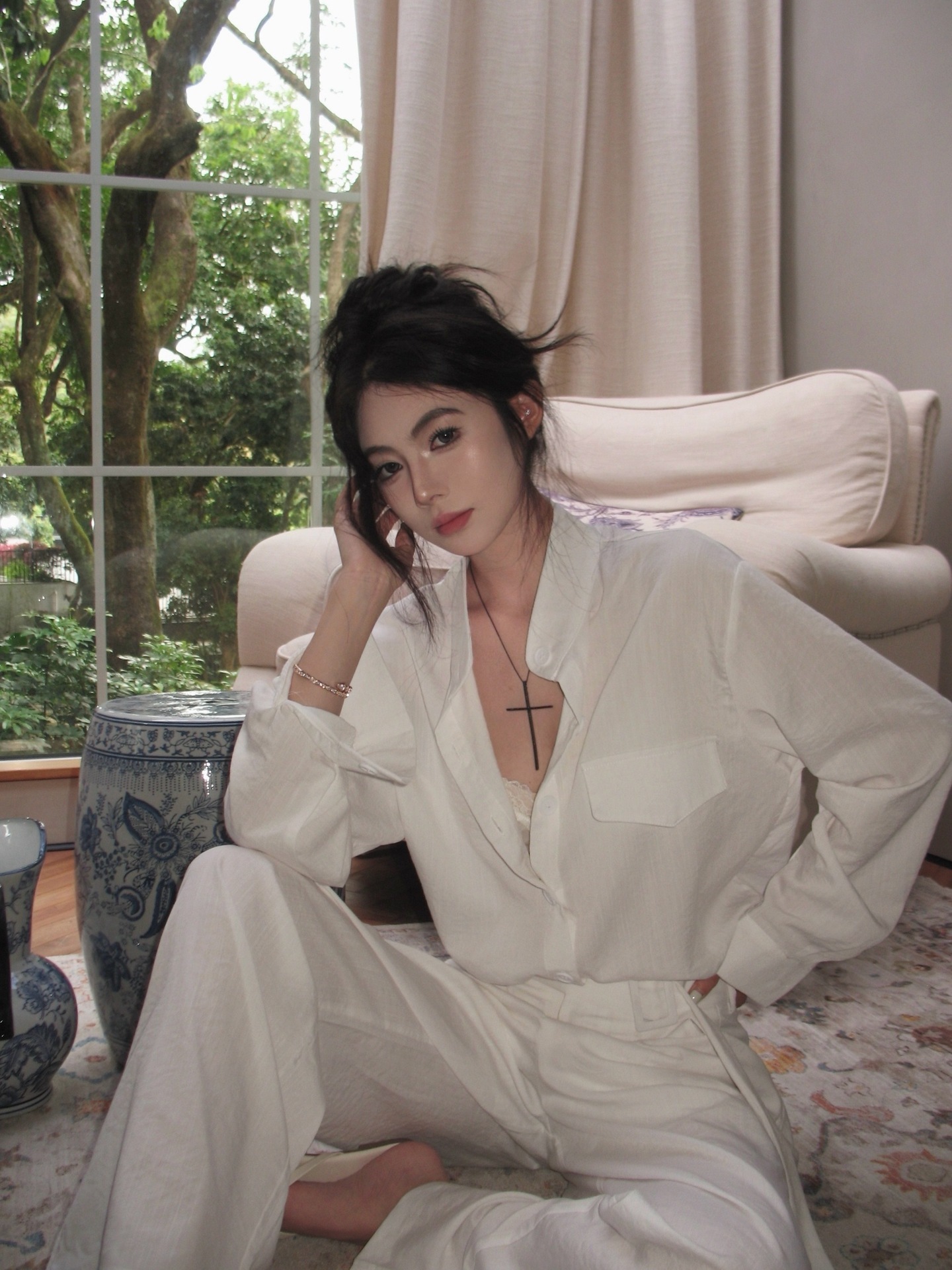 高級鬆弛感 素色襯衫長褲套裝(2件組)