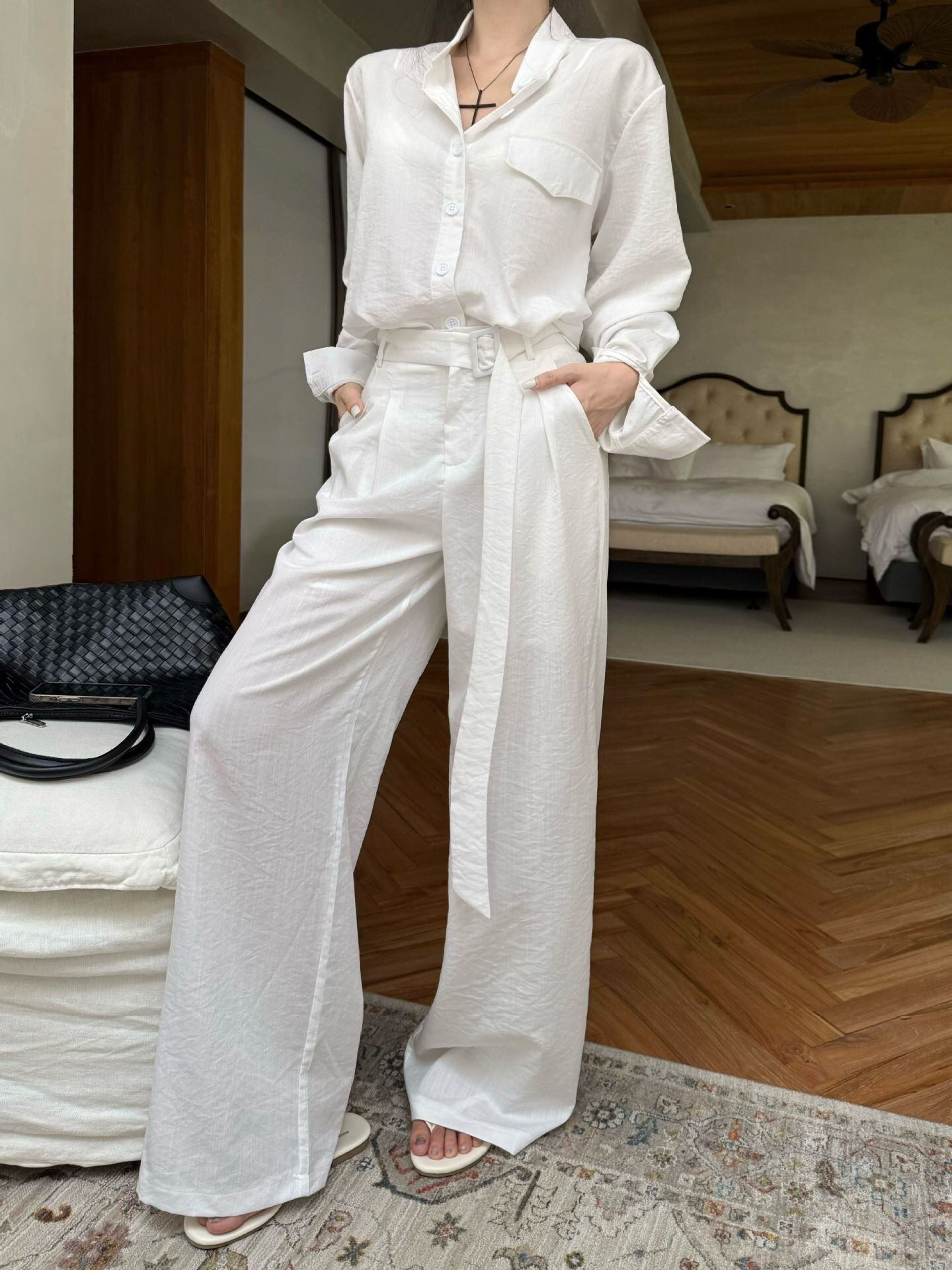 高級鬆弛感 素色襯衫長褲套裝(2件組)
