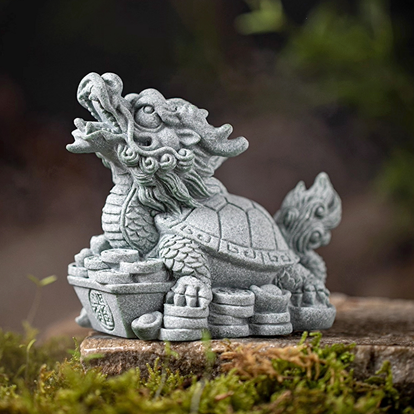 傳藝工坊- 『日進斗金Q版龍龜』中款尺寸招財祥獸青砂石塑