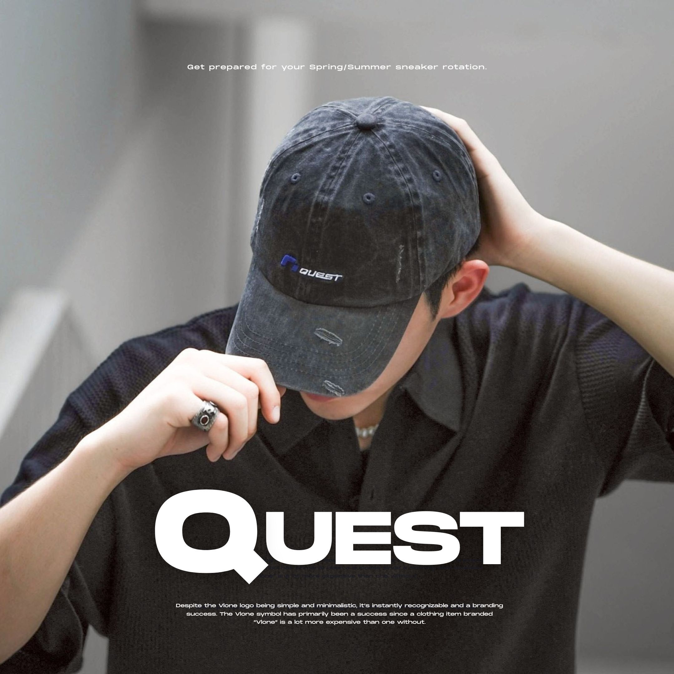 NICEDAY 現貨 配件 QUEST WASH LOGO DESTROYED CAP 水洗 破壞 丹寧 老帽 帽子 鐵灰 灰 11001034
