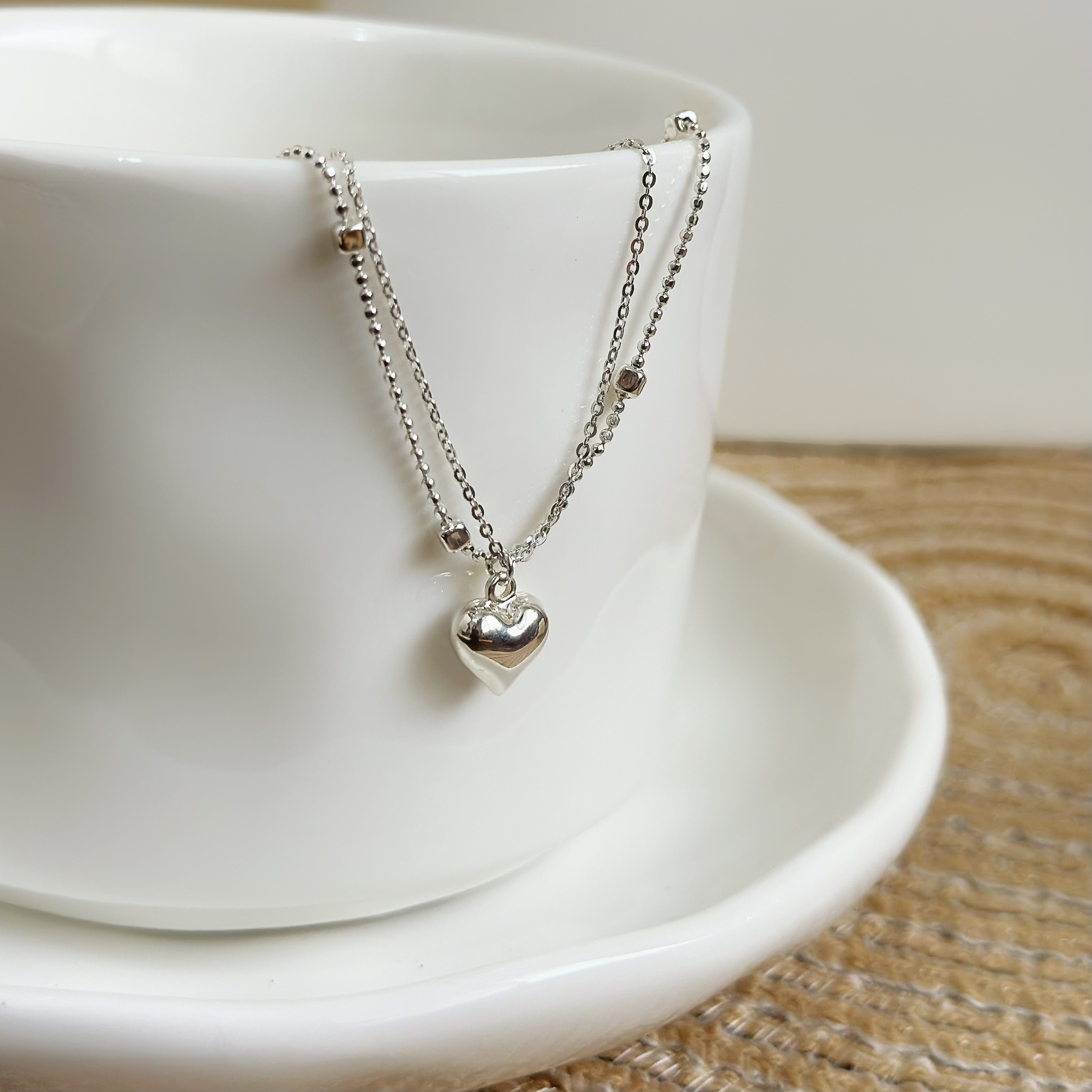 H164立體愛心圓珠雙層純銀鎖骨鏈