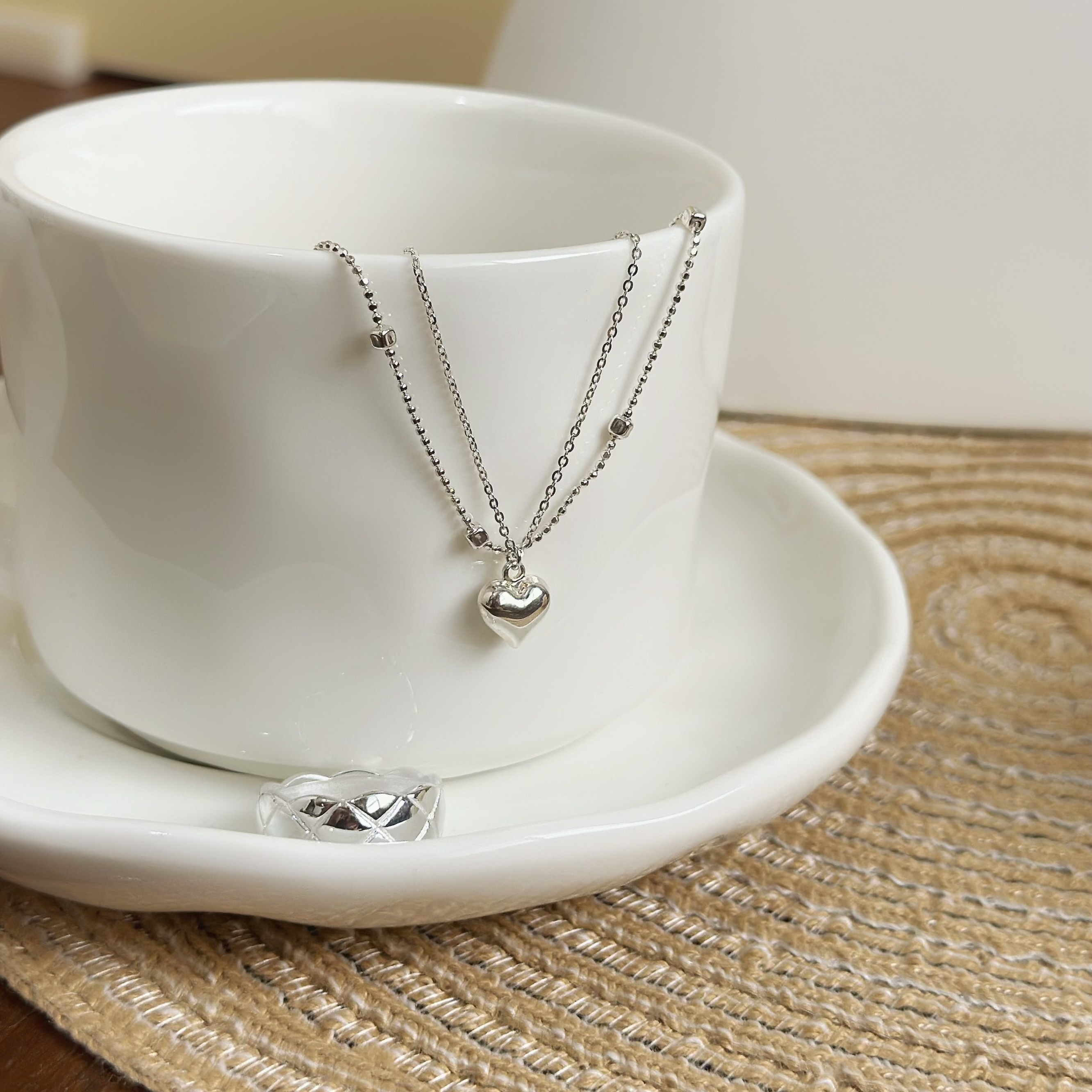 H164立體愛心圓珠雙層純銀鎖骨鏈