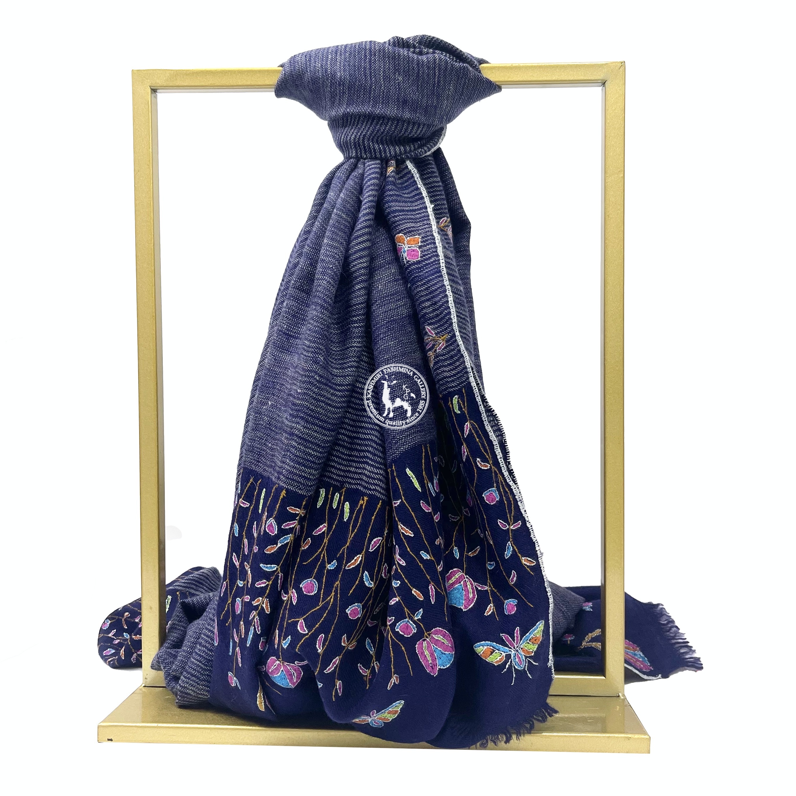 藍色卡尼條紋圖案索茲尼刺繡羊絨圍巾