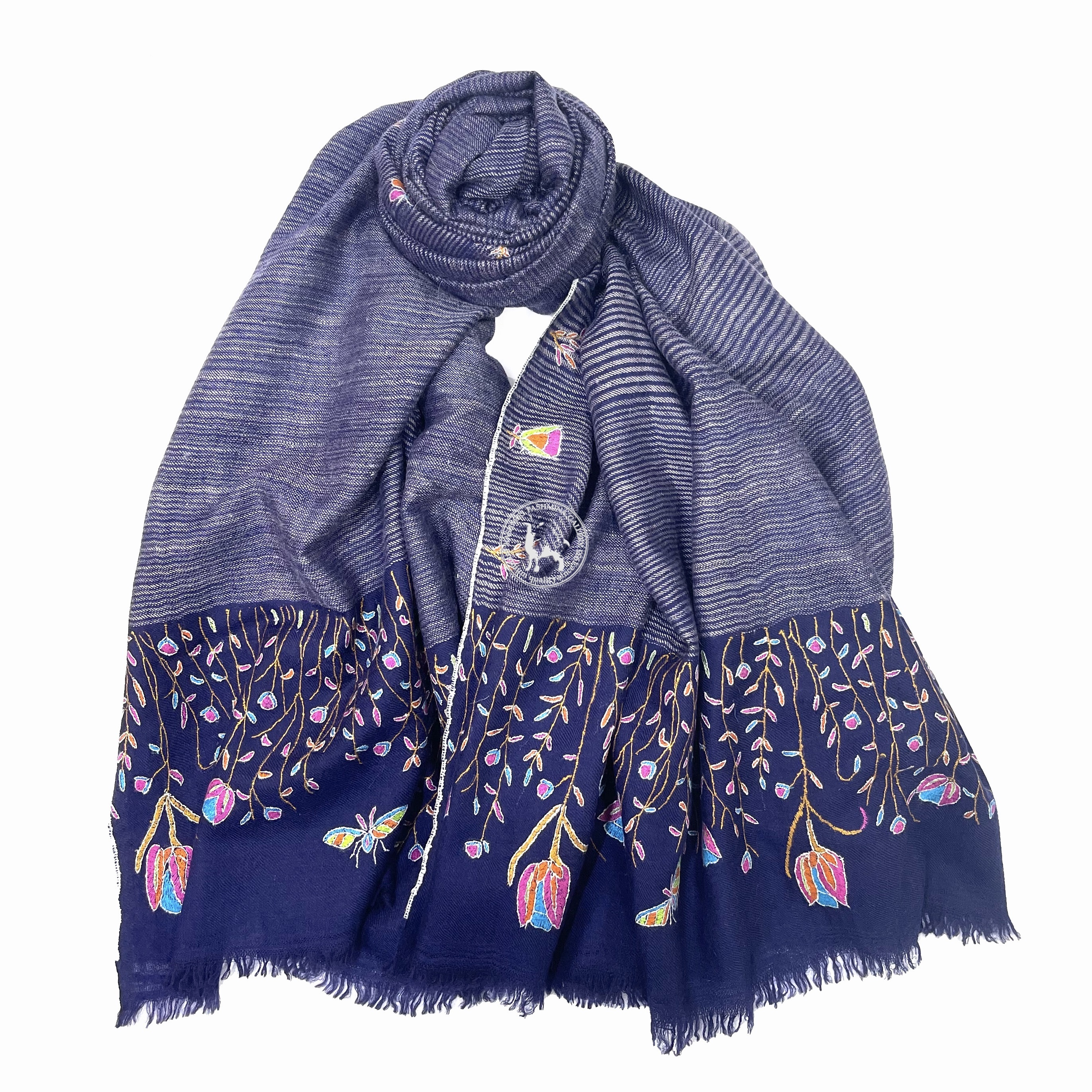 藍色卡尼條紋圖案索茲尼刺繡羊絨圍巾