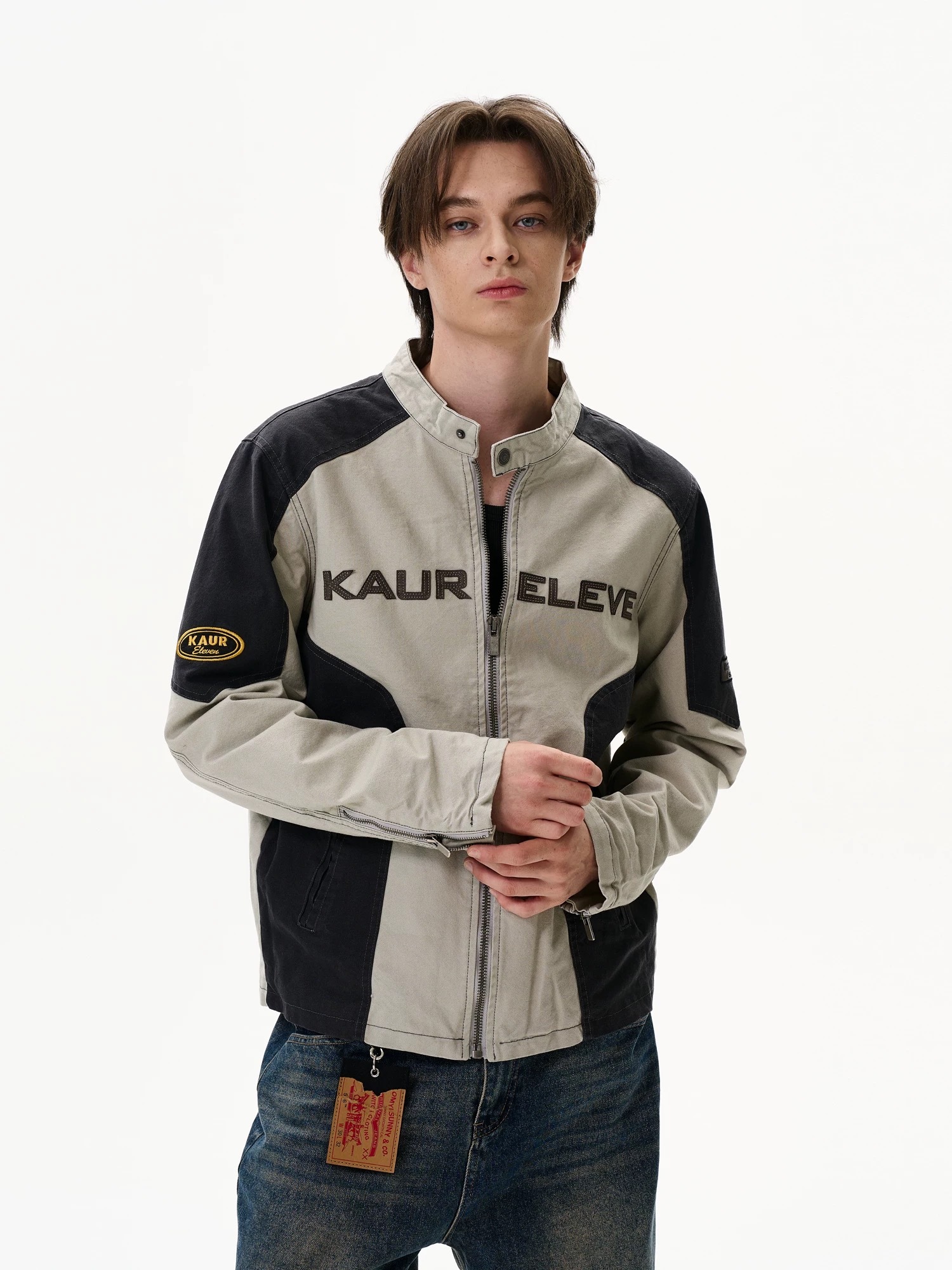 SIMPLEACTION 美式復古機車領拼接外套