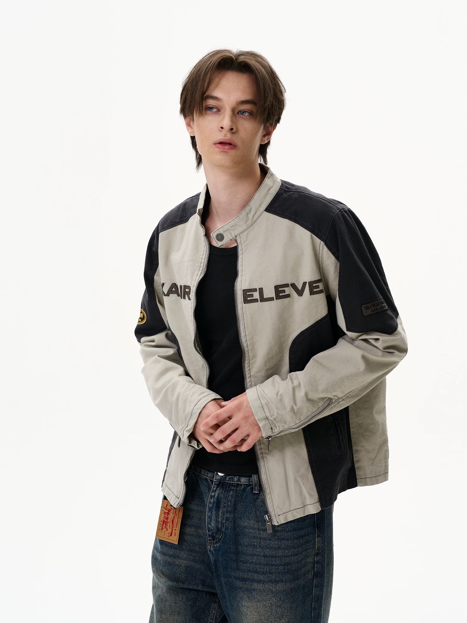 SIMPLEACTION 美式復古機車領拼接外套