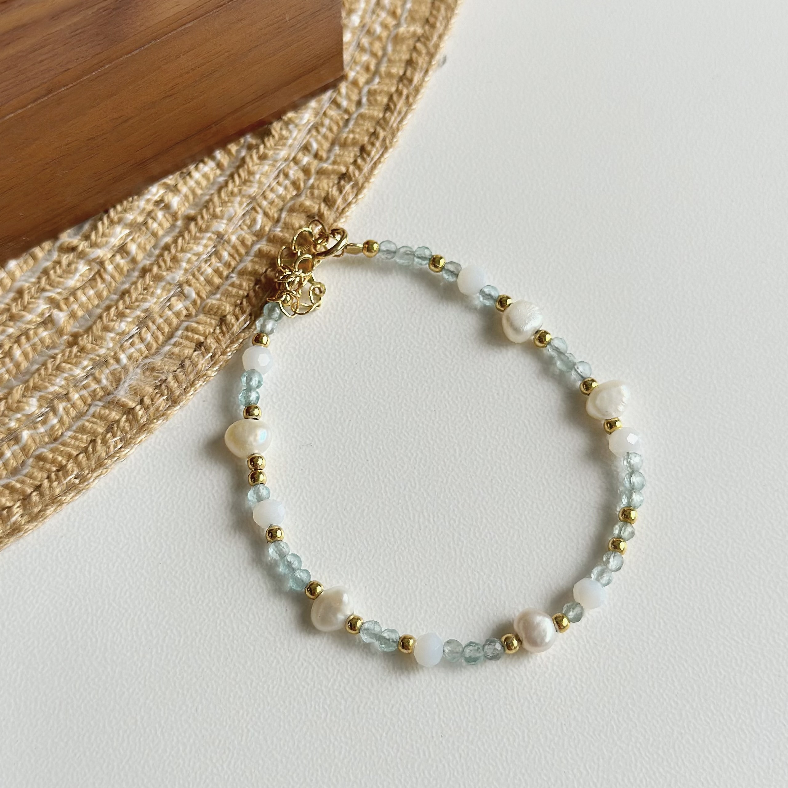 Y137海藍寶水晶珍珠純銀手鍊