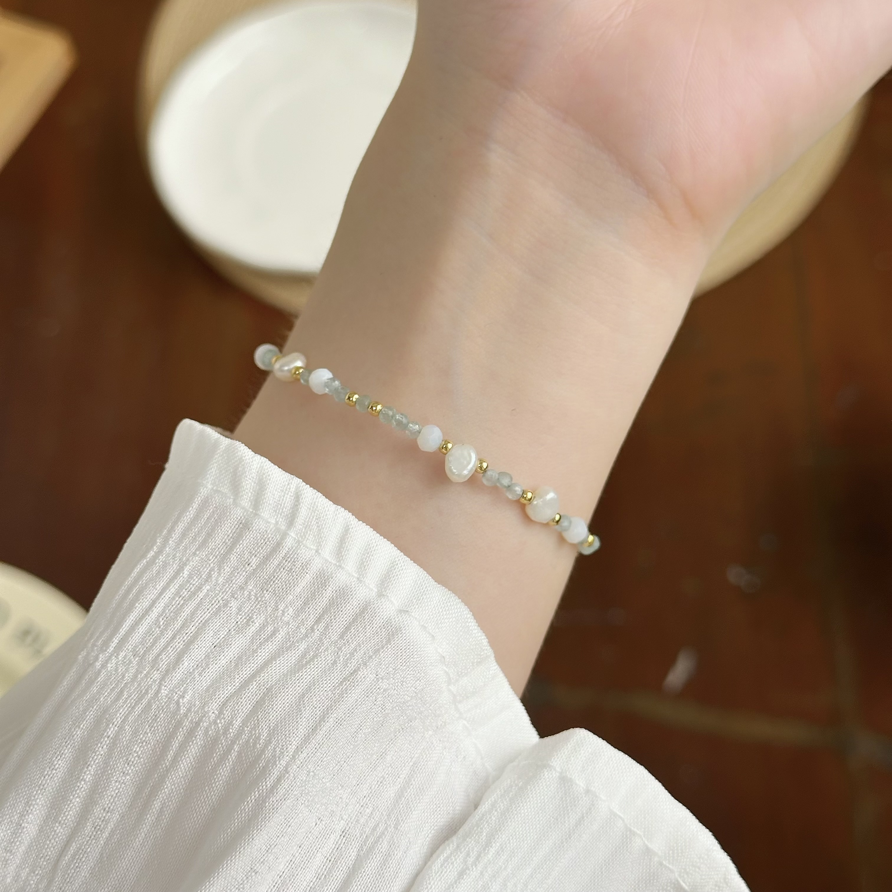 Y137海藍寶水晶珍珠純銀手鍊