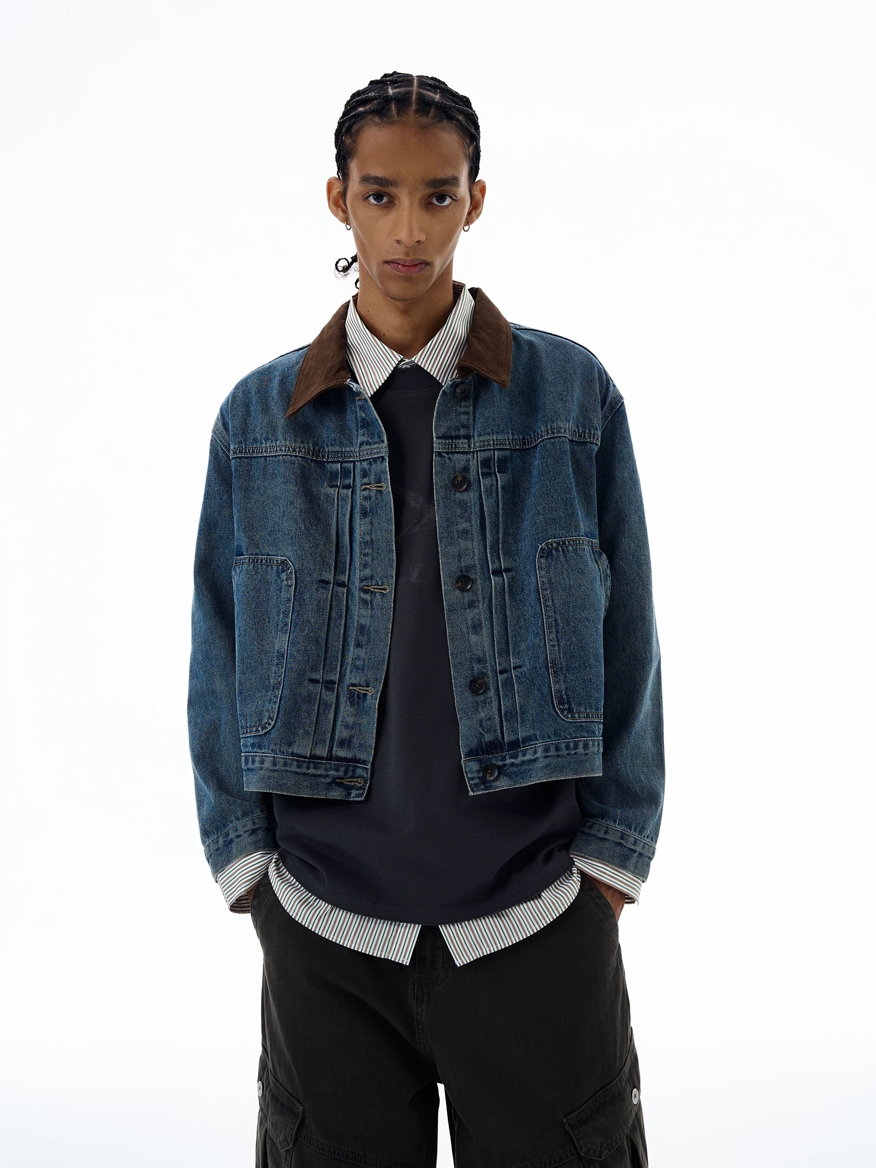 SIMPLEACTION 美式復古棕色絨面翻領牛仔外套