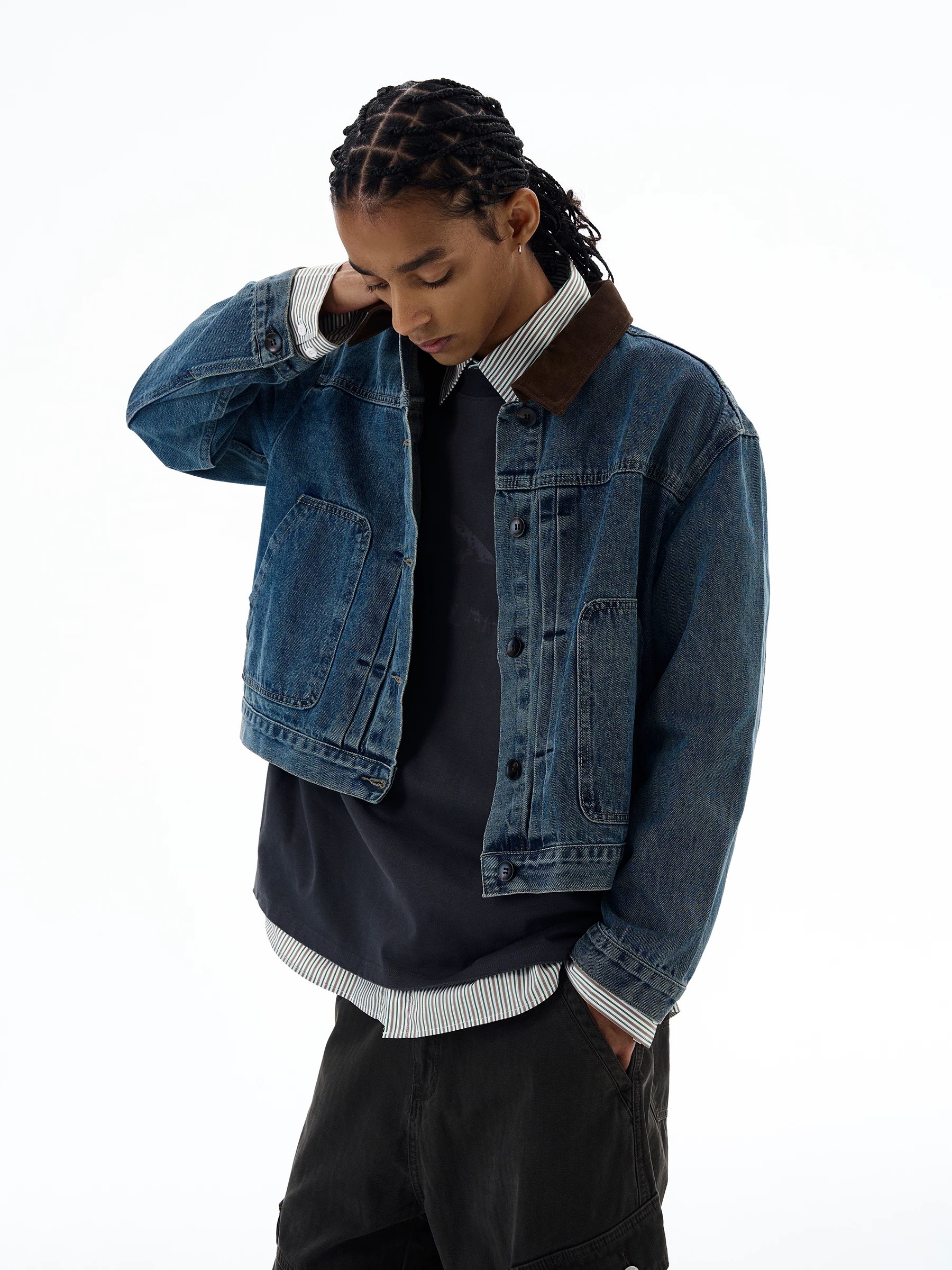 SIMPLEACTION 美式復古棕色絨面翻領牛仔外套