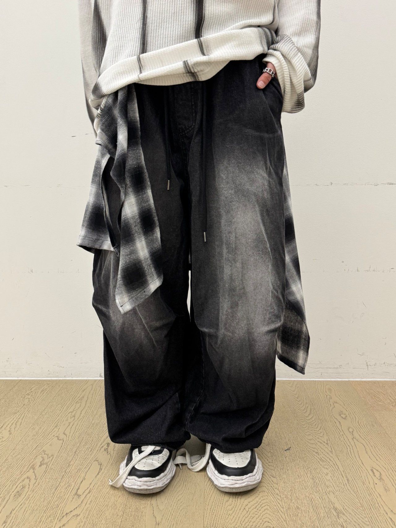 拼格仔布洗水鬆身牛仔褲(格仔布可拆卸) GLAMOUR-097P