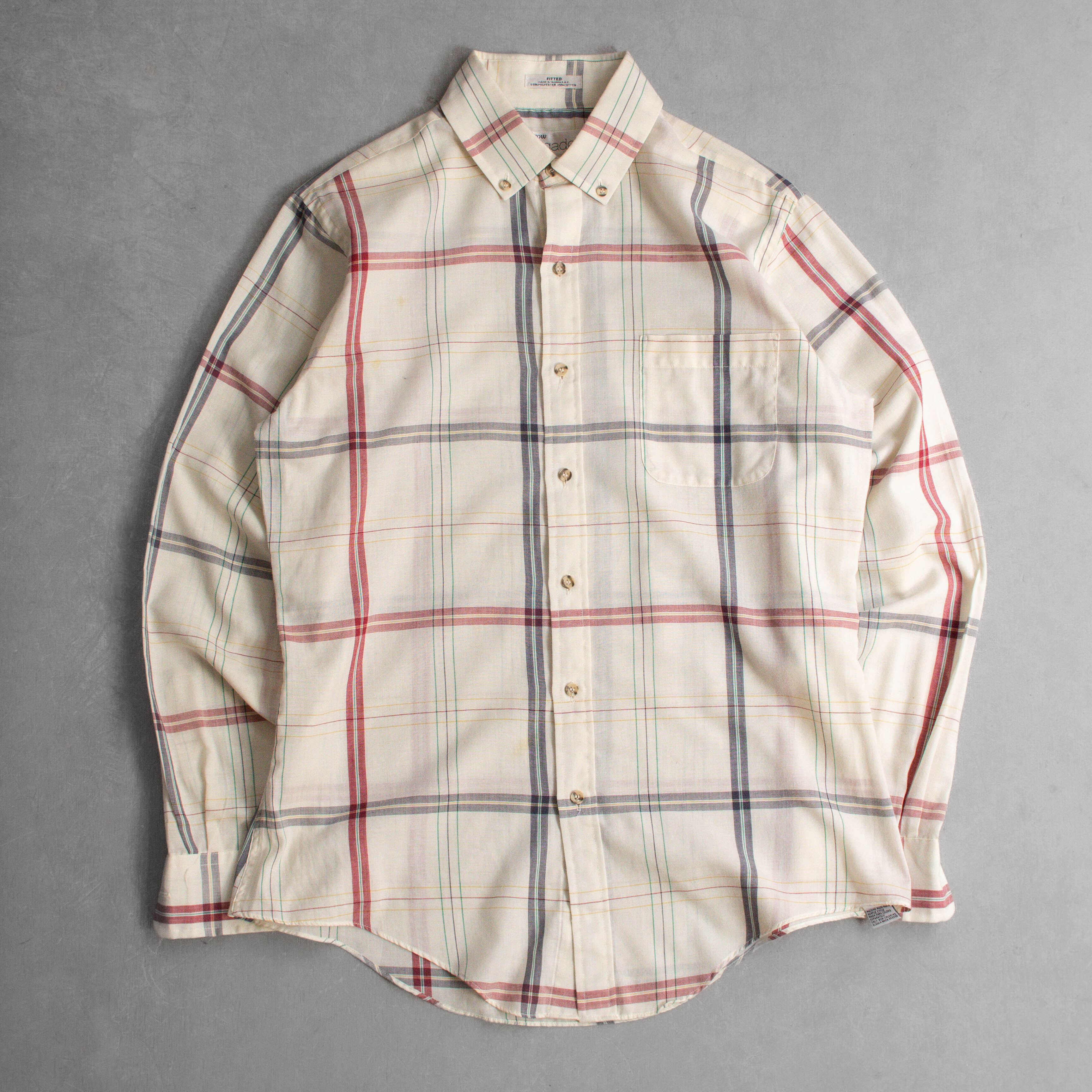 70-80S VINTAGE PLAID BD SHIRT 美國 米白 格紋 扣領 長袖 襯衫